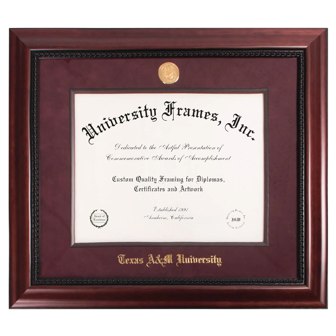 Diploma frame with 'University Frames, Inc.' branding and 'Texas A&M University' text.