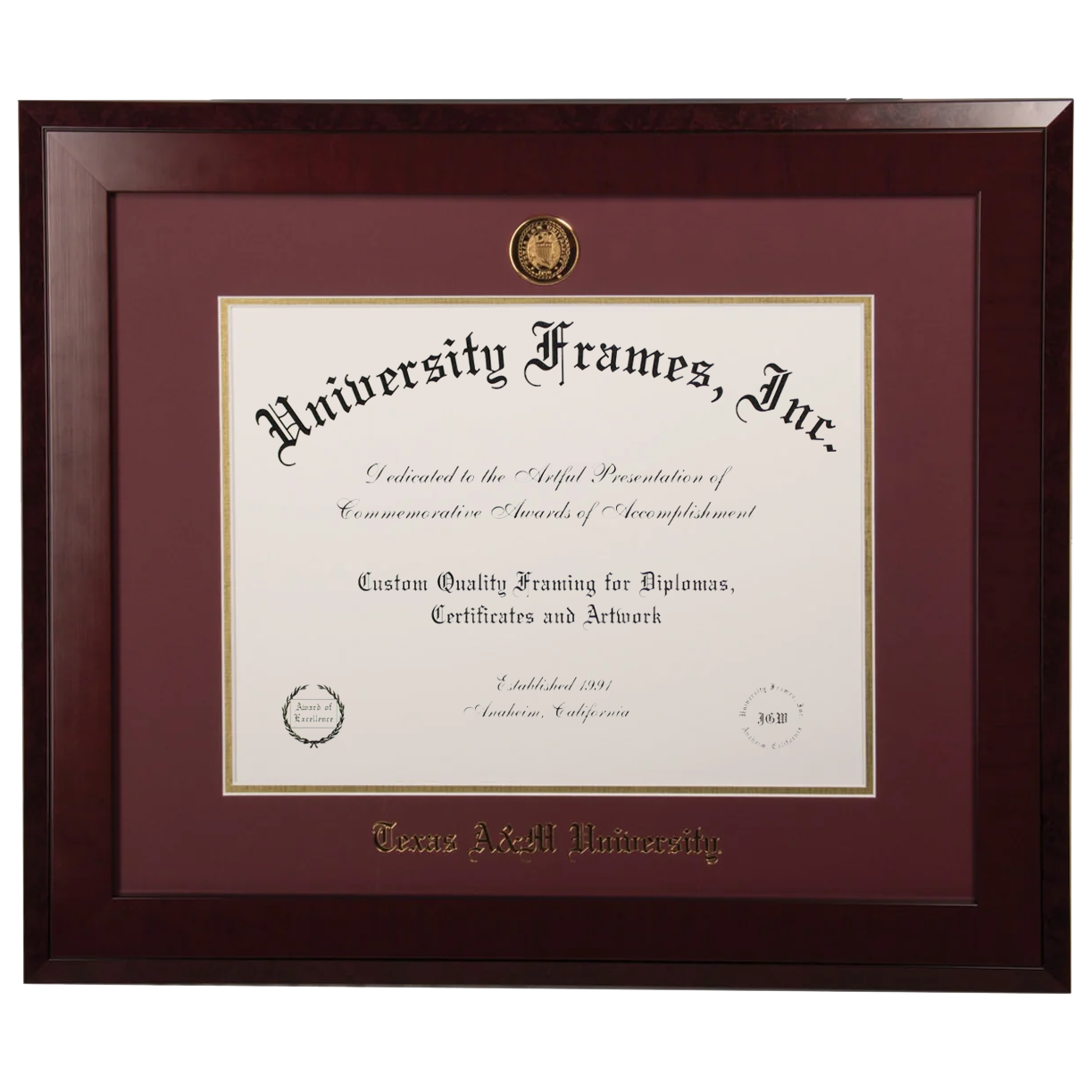 Thick Brown Frame with Maroon Background and Gold Text and Emblem
