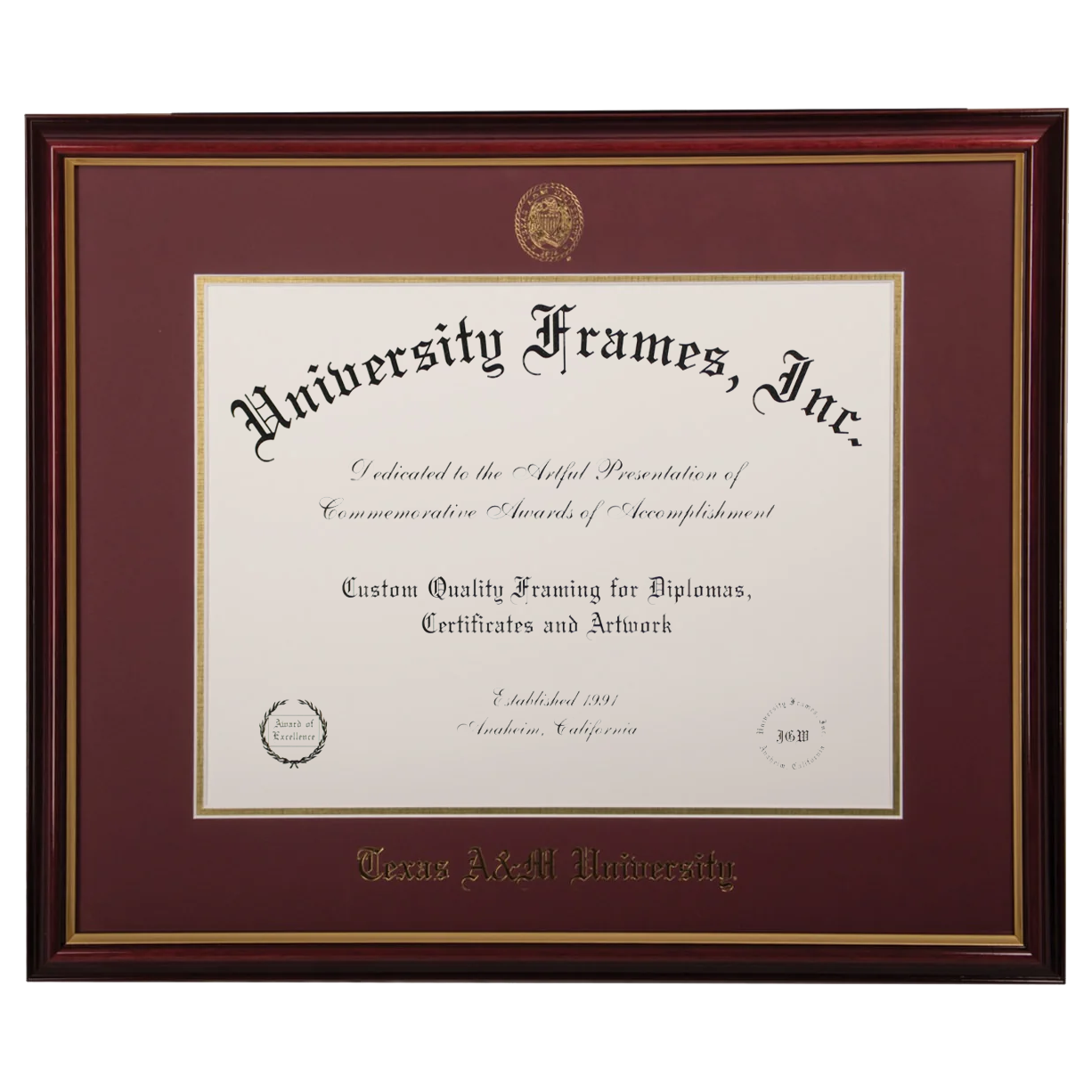Diploma Frame with Gold Band around outside and Maroon background