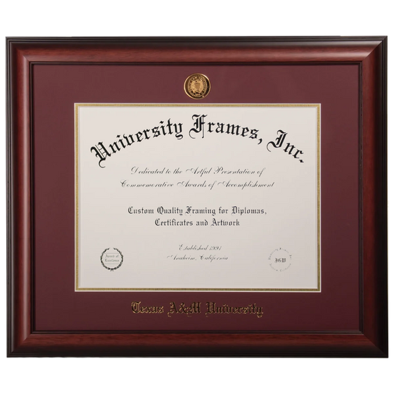 University Frames, Inc. diploma frame with maroon border and gold accents.