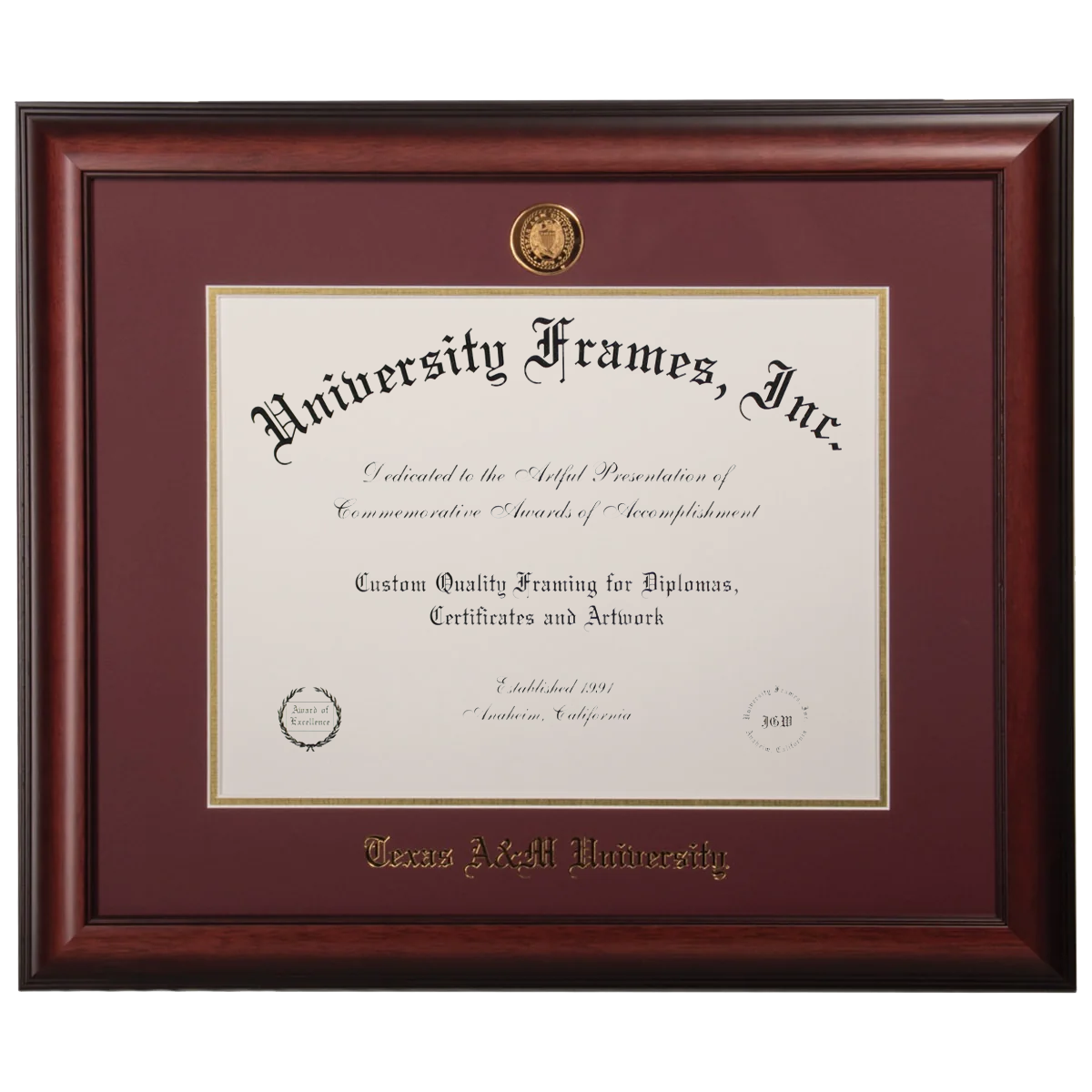 University Frames, Inc. diploma frame with maroon border and gold accents.