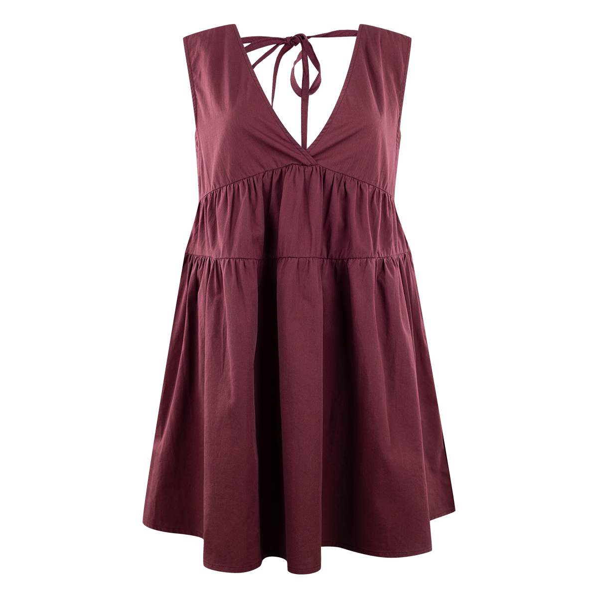 Maroon Dress with a V neck and short sleeves.