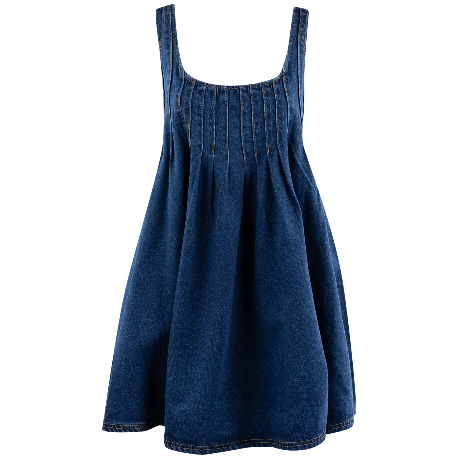 A dark blue denim dress with a smocked bodice and wide straps, shown against a plain white background.