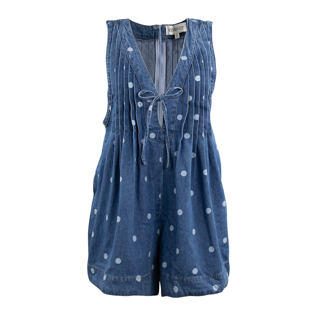 Blue denim romper with white polka dots 