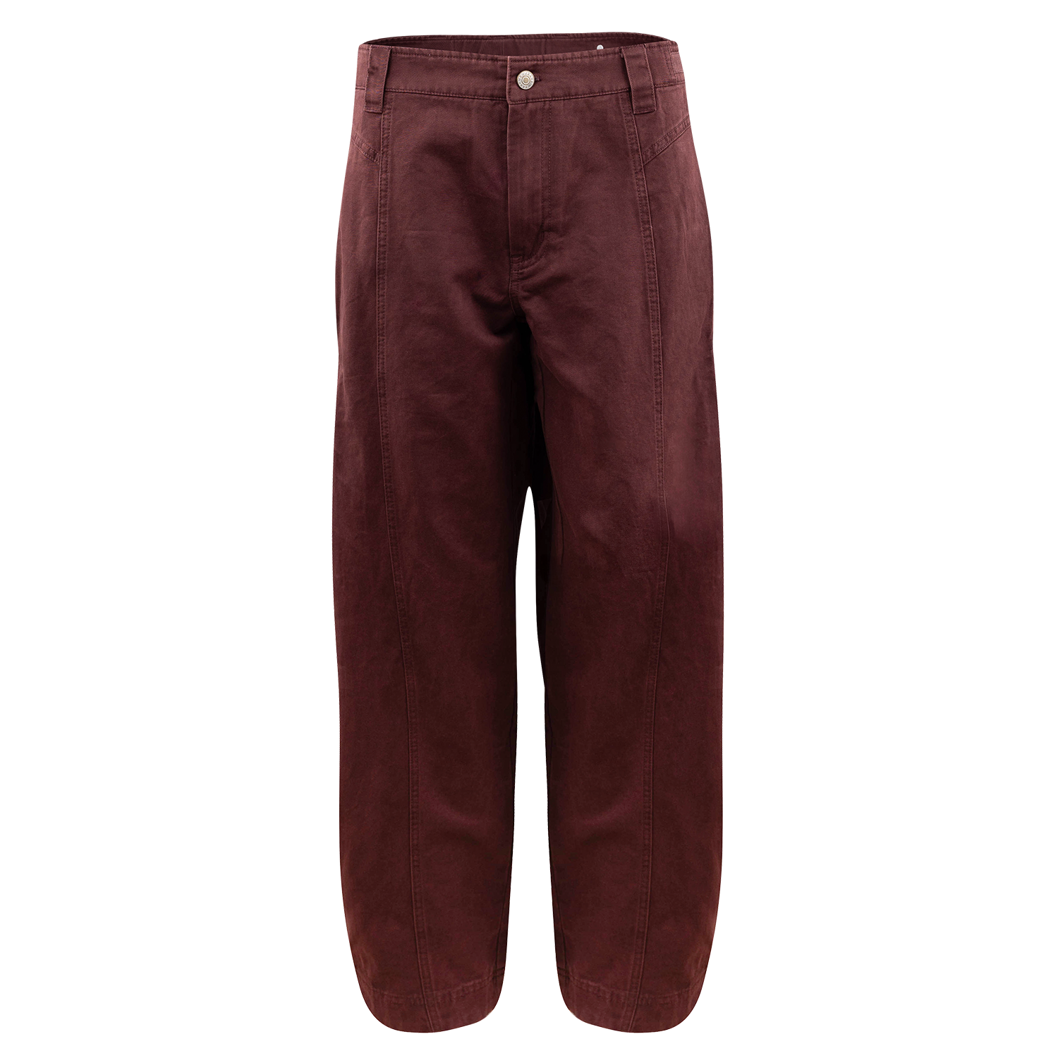 A pair of barrel-leg denim pants in a deep burgundy color, shown flat against a solid white background.