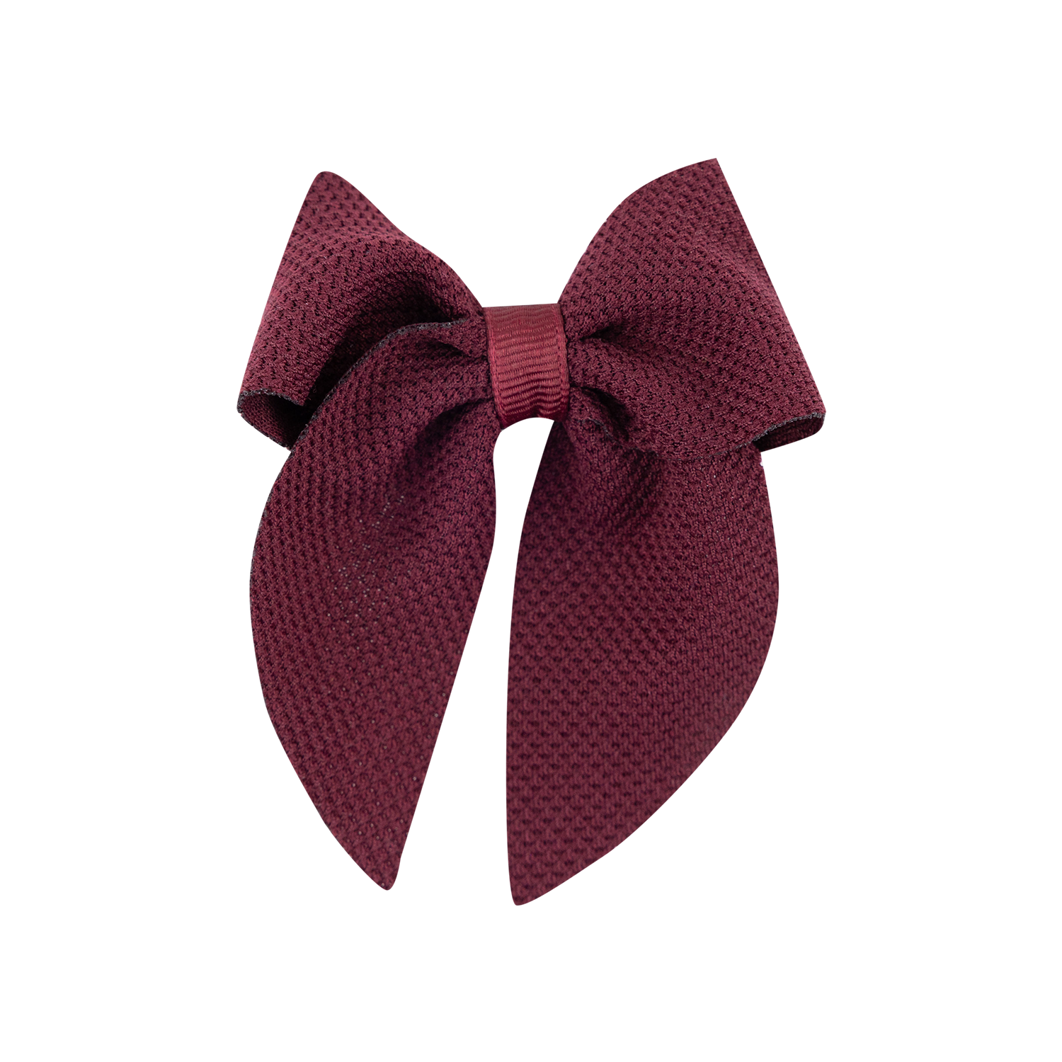 A small textured fabric hair bow in a deep burgundy color, photographed against a solid white background.
