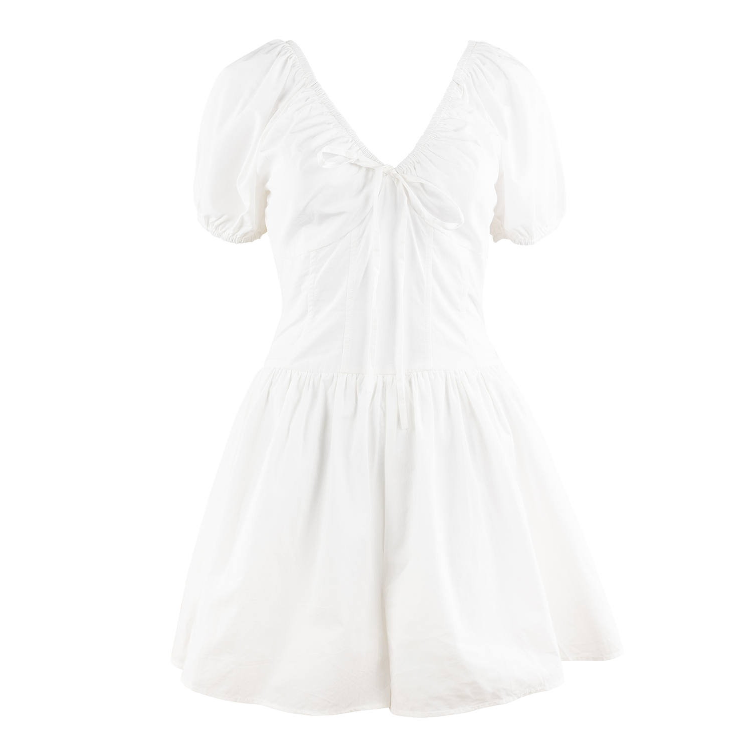 White romper with V-neck cut and puff sleeves.