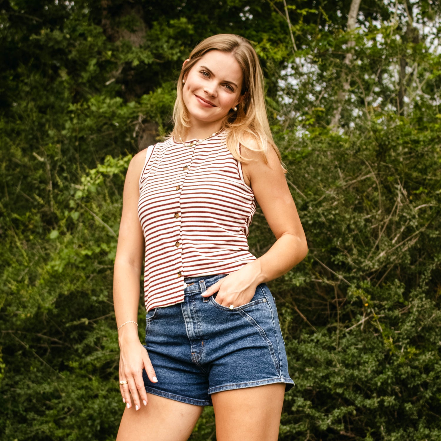 Double Zero Striped Button Down Tank Top - Maroon