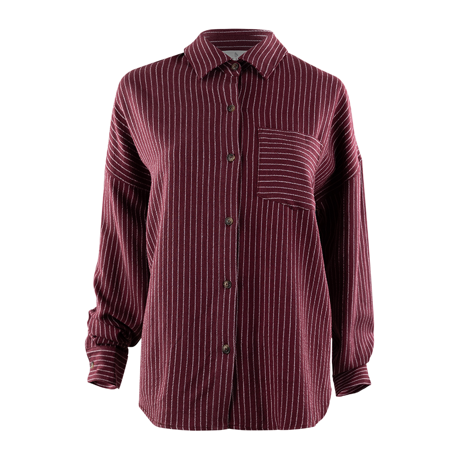 Maroon and white striped button down with pocket on the left side of the chest