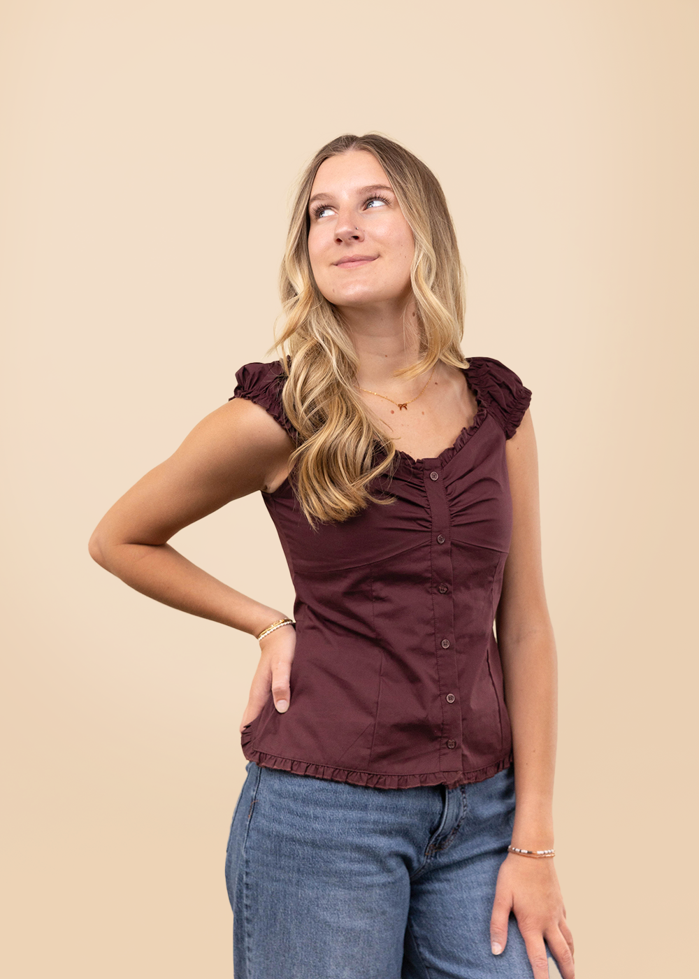 Collegiate Outfitters Cap Sleeve Button Down Blouse - Maroon