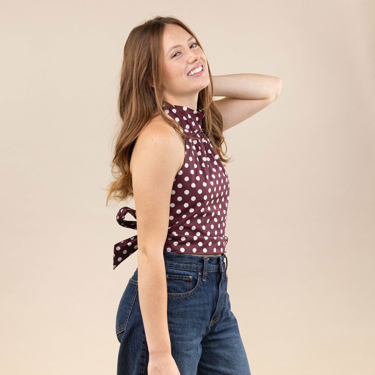 Collegiate Outfitters Polka Dot Halter Tie Top - Maroon