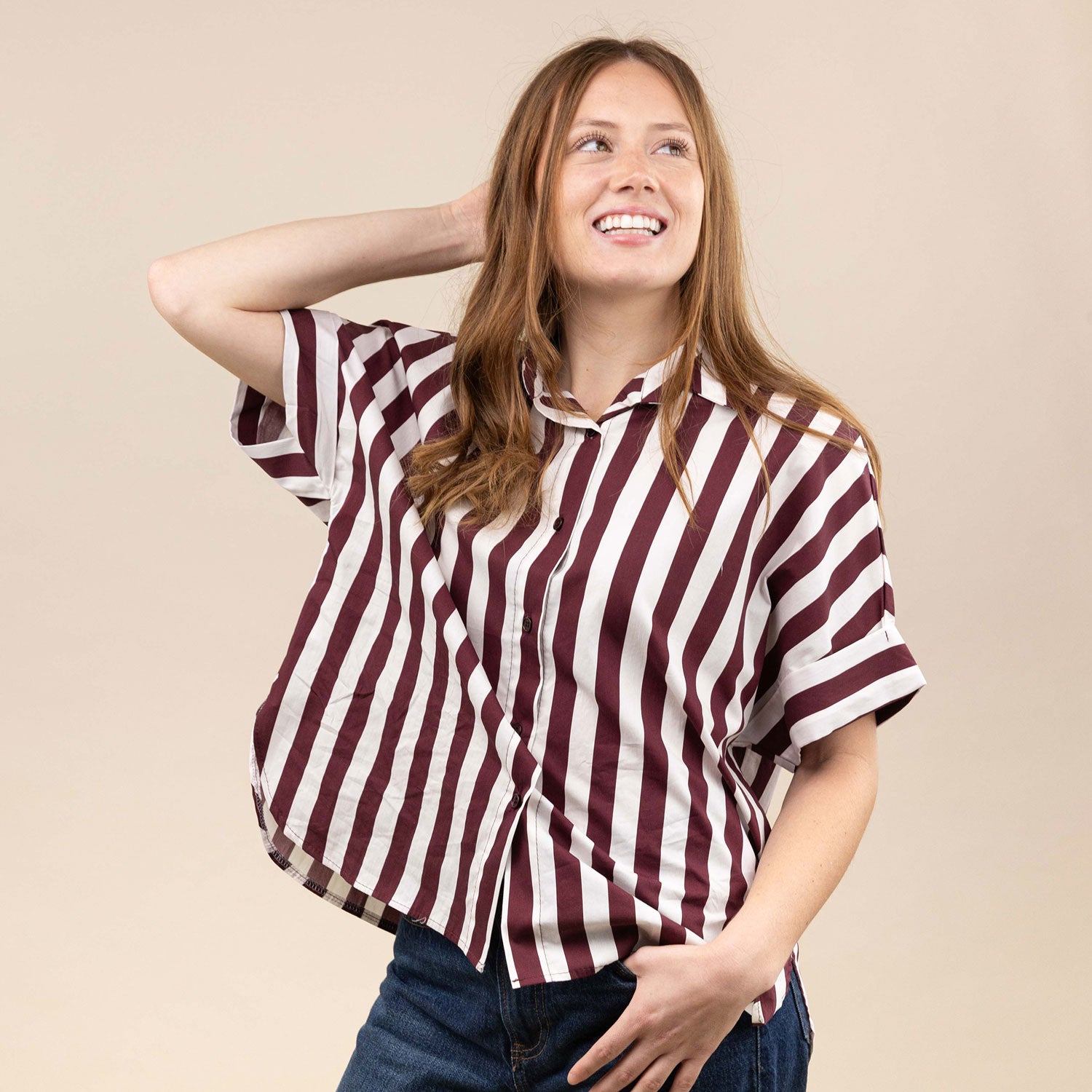 Collegiate Outfitters Striped Button Down Top - Maroon