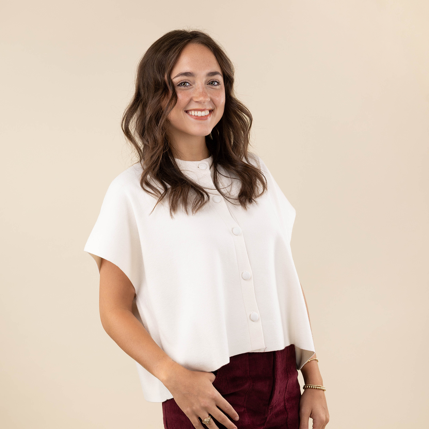 Cream Knit Button-Up Top