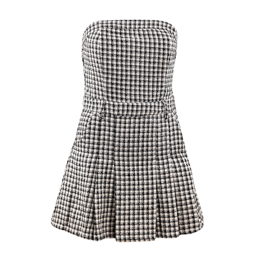 Black and white checkered strapless dress.