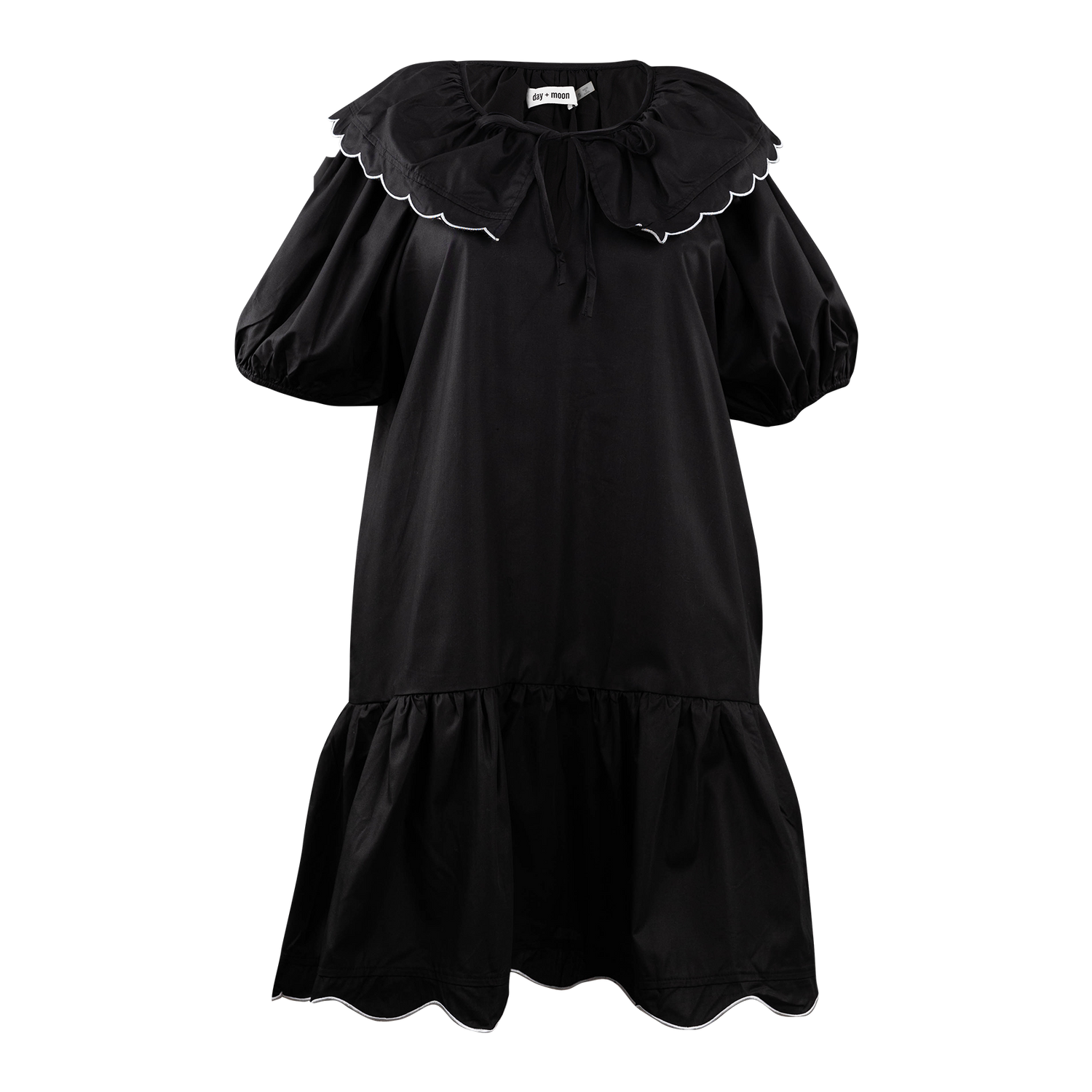 Black dress with ruffled collar and sleeves with white edges. 
