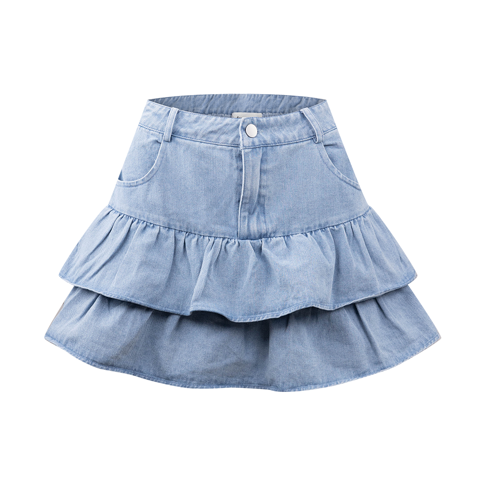Light blue denim skirt with ruffled layers 