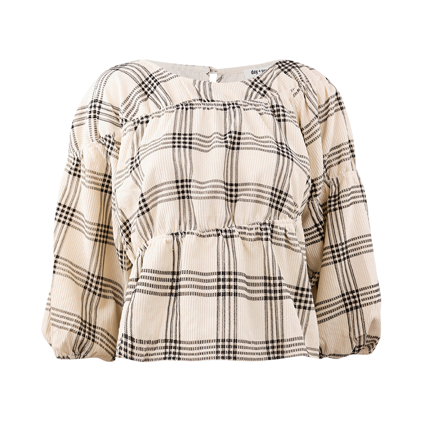 Plaid blouse with long puff sleeves with black stripped design.