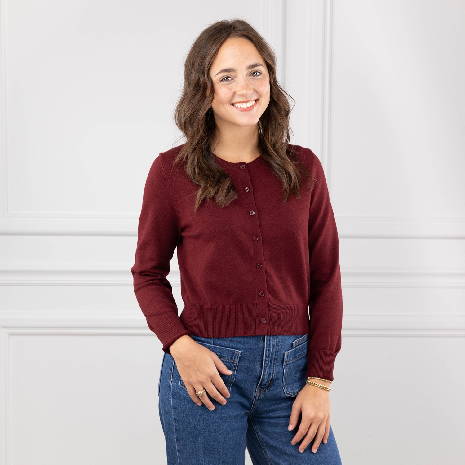 Star Drop Long Sleeve Knit Cardigan - Maroon