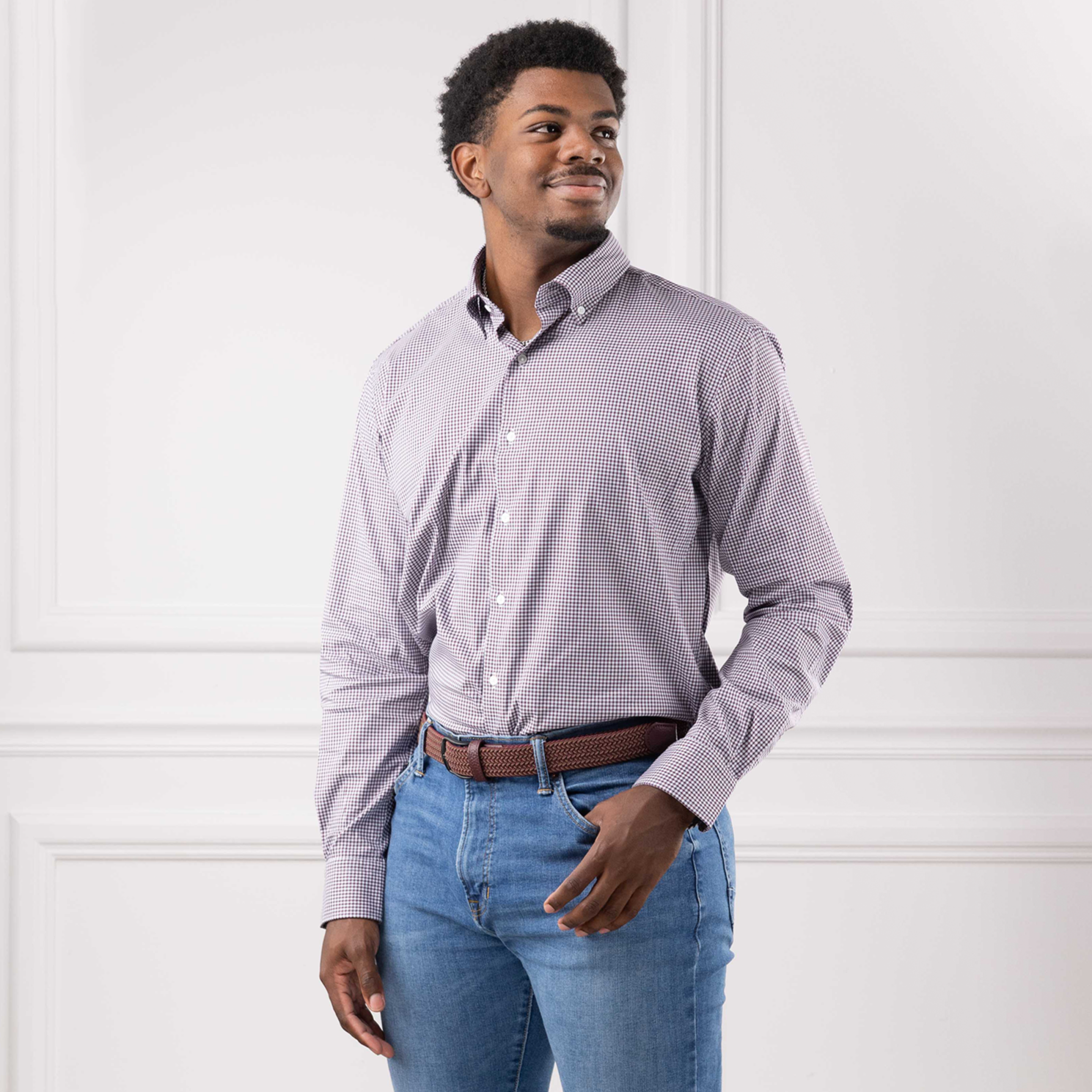 Peter Millar Mens Gingham Button Down - Maroon