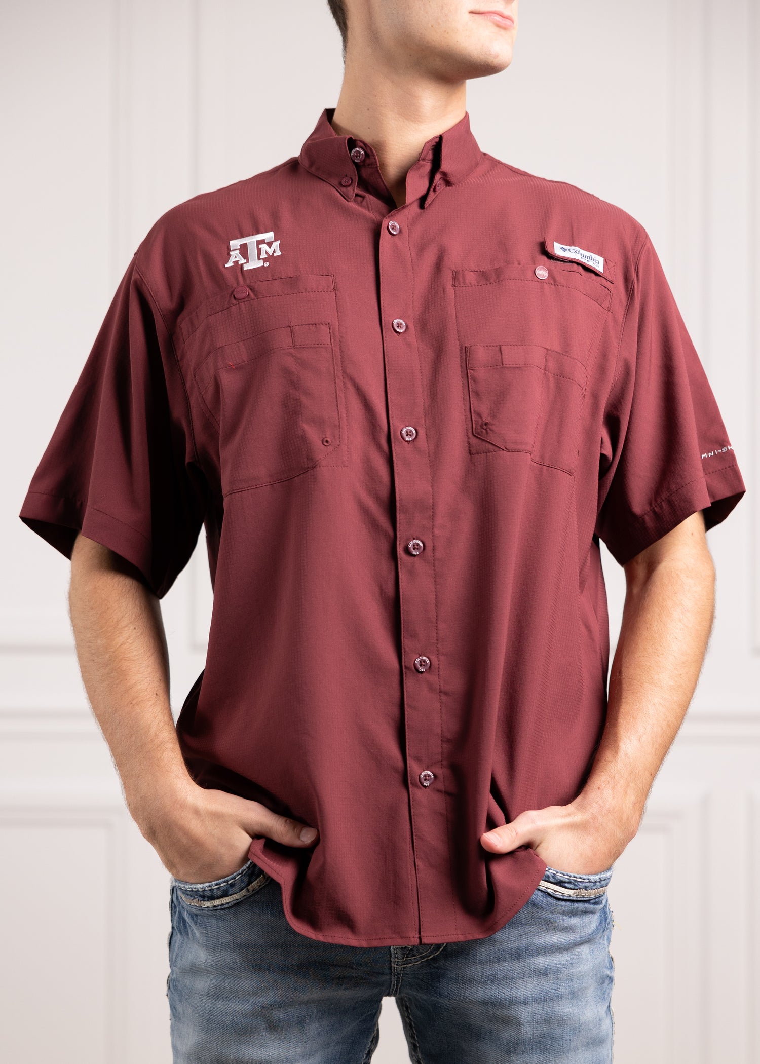 Texas A&M Columbia Tamiami Short Sleeve Maroon Fishing Shirt