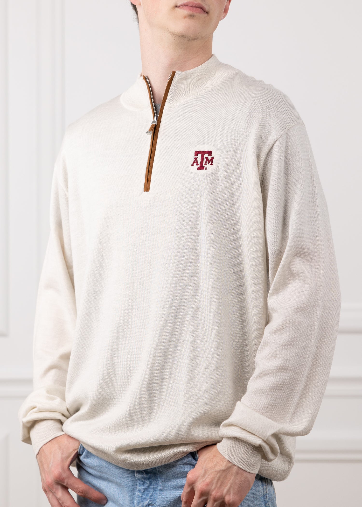 Texas A&M Peter Millar Autumn Crest Ivory Suede Trim Quarter Zip