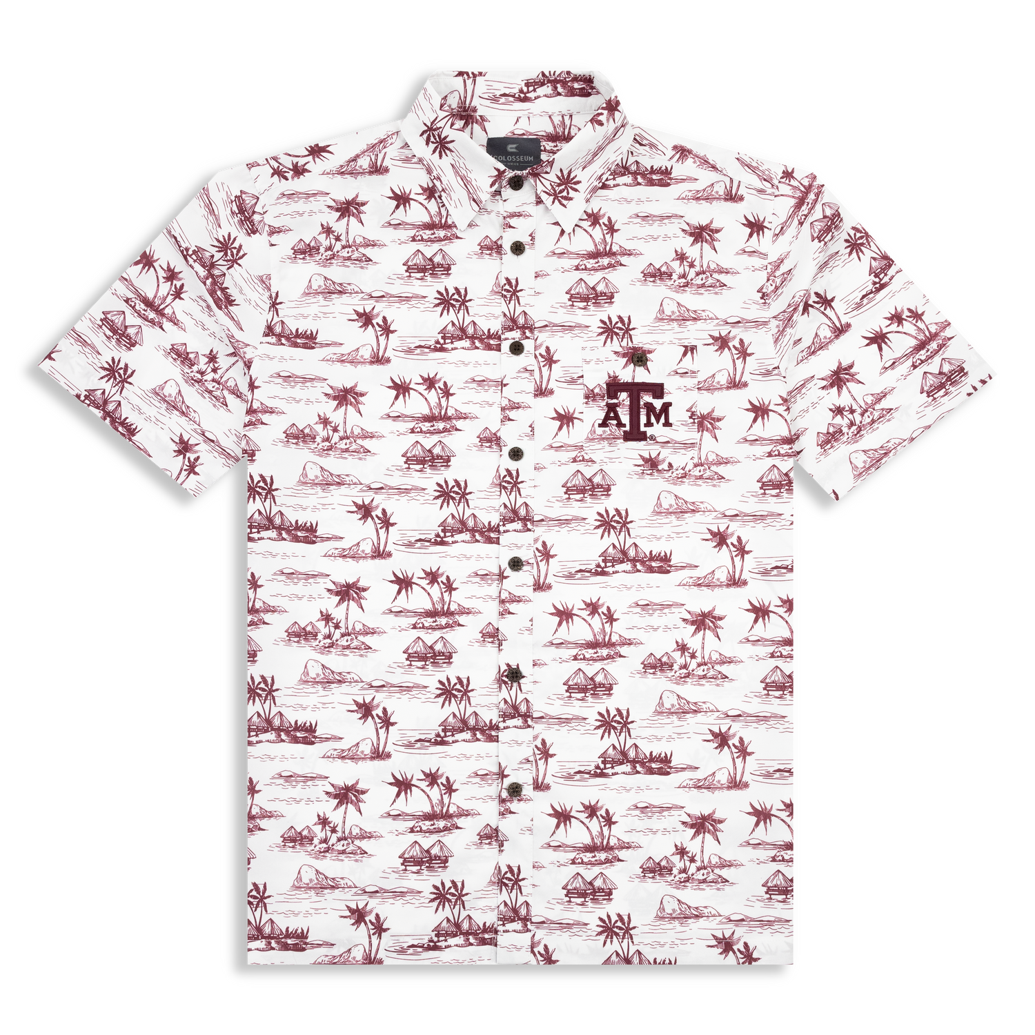 Texas A&M Colosseum Tropical Island Print White Button Down Short Sleeve