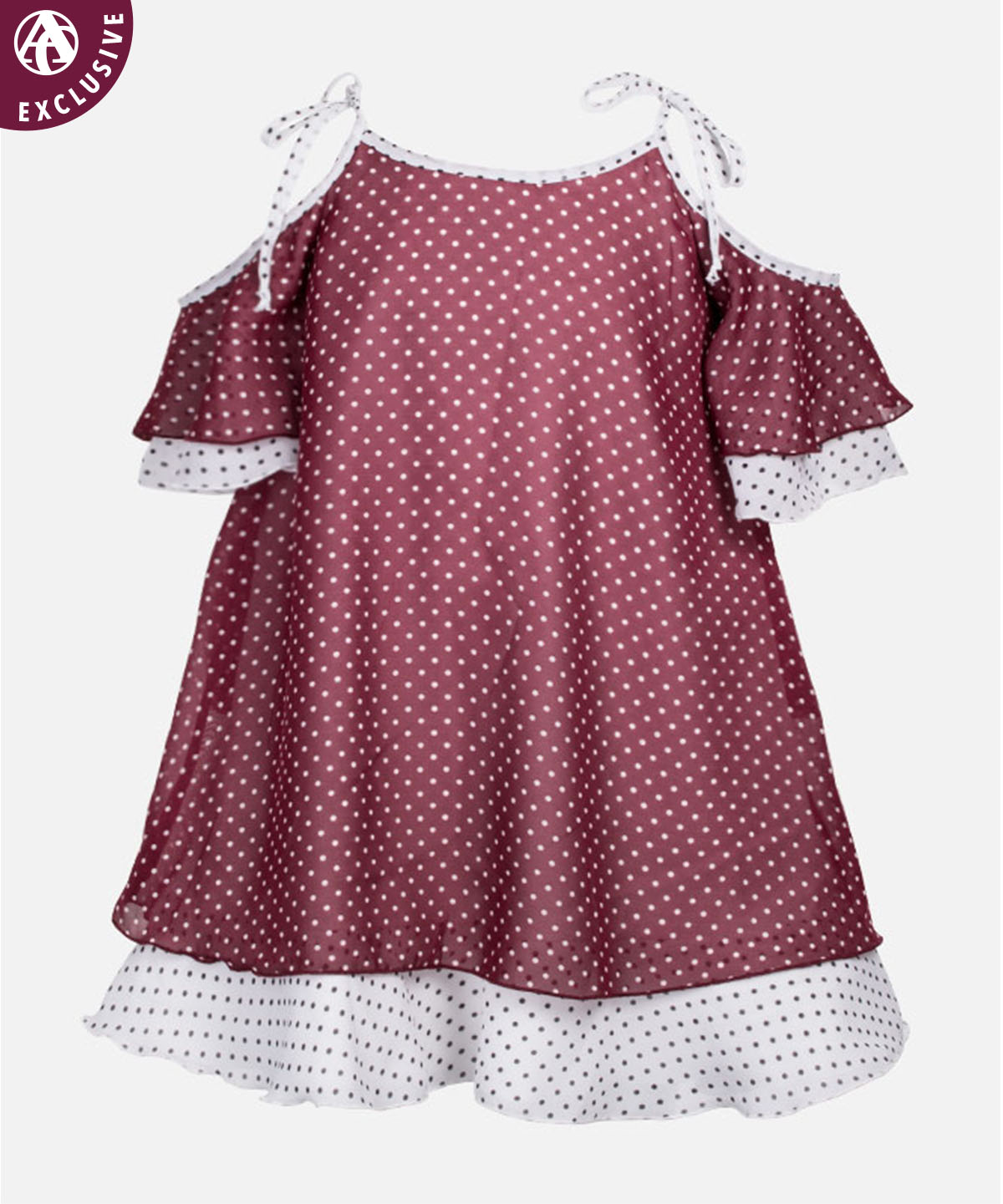 Maroon & White Dotted Youth Dress