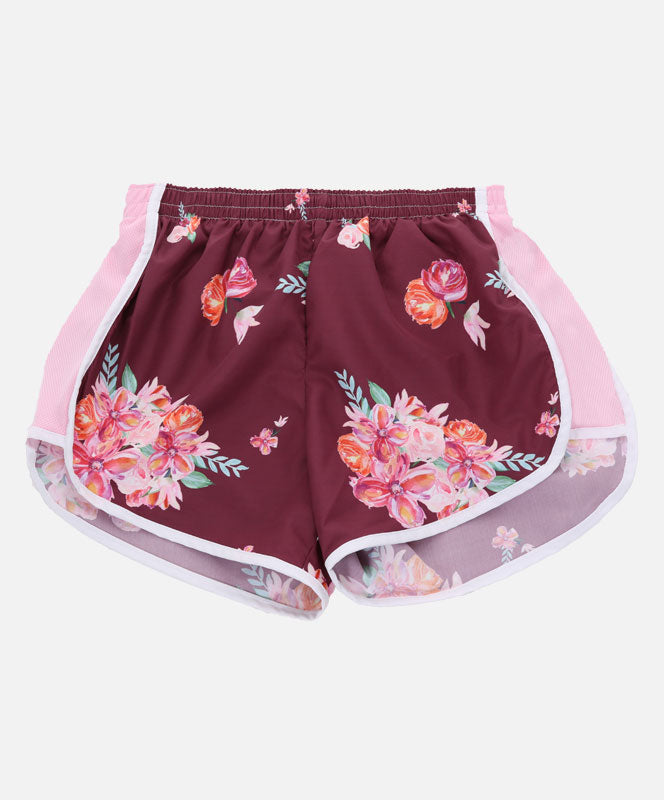 Maroon & Pink Girls Shorts with Flowers