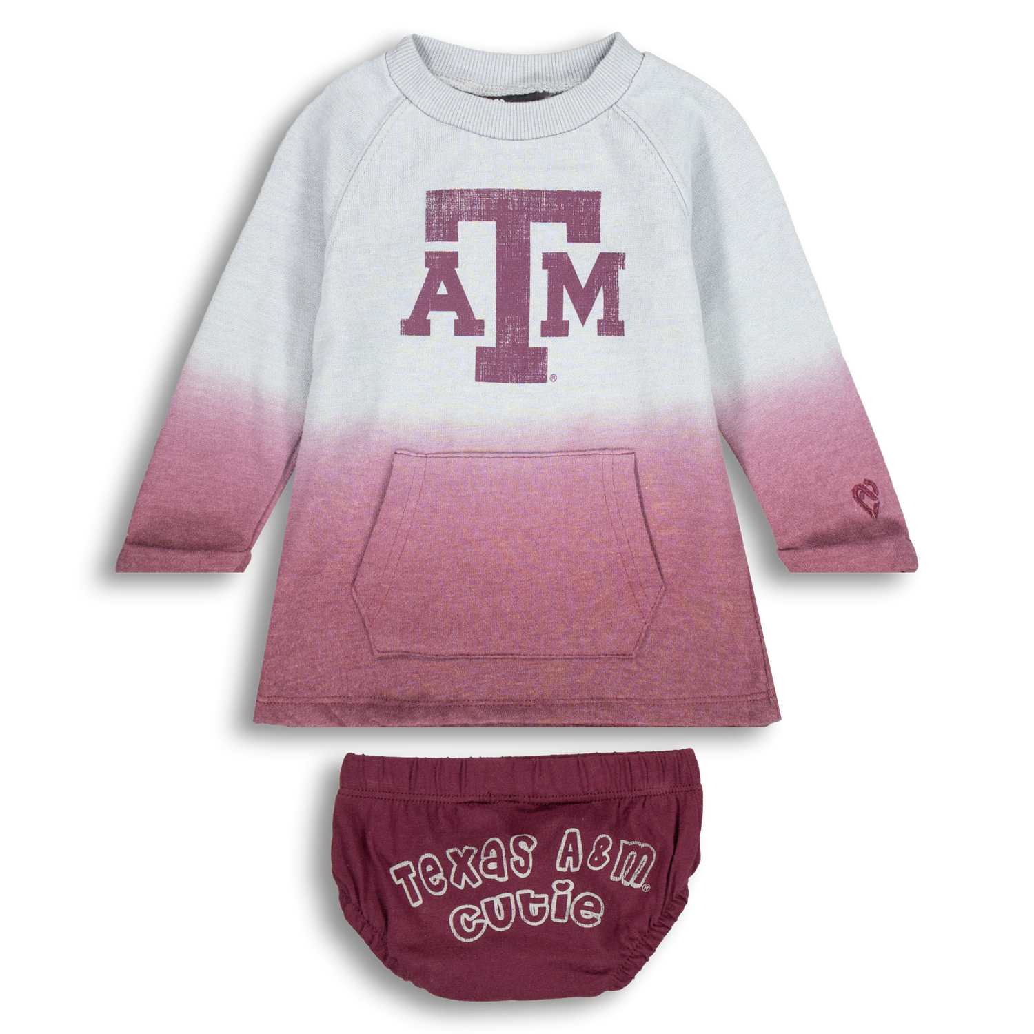 Maroon and white sweater with maroon ATM logo with bottoms that have "Texas A&M Cutie"