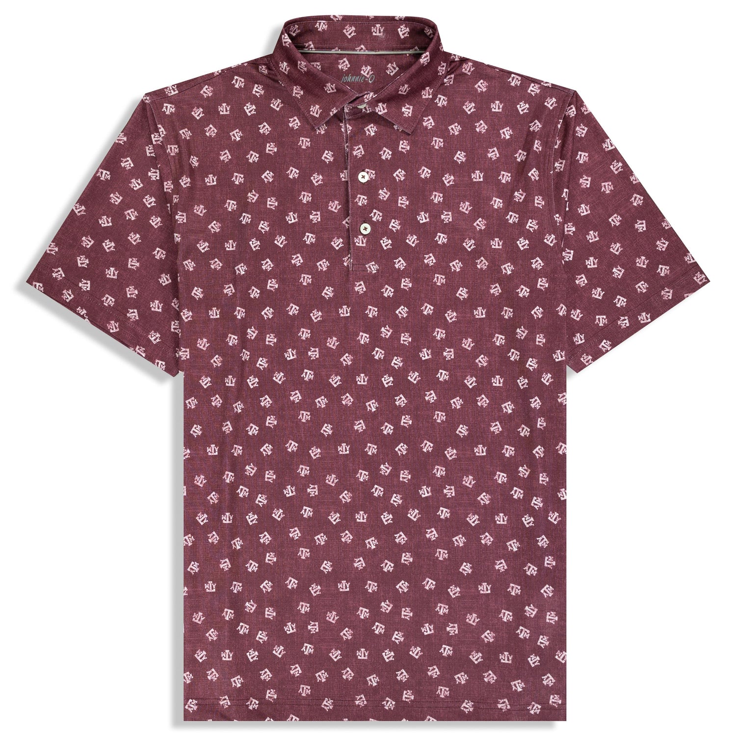 Texas A&M Johnnie-O Polo is a deep maroon with the Texas A&M lettering in white all over the Polo.