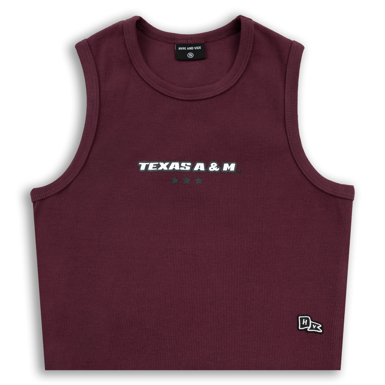 A maroon cropped style tank top. 'TEXAS A&M' is printed in white block letters across the front. 