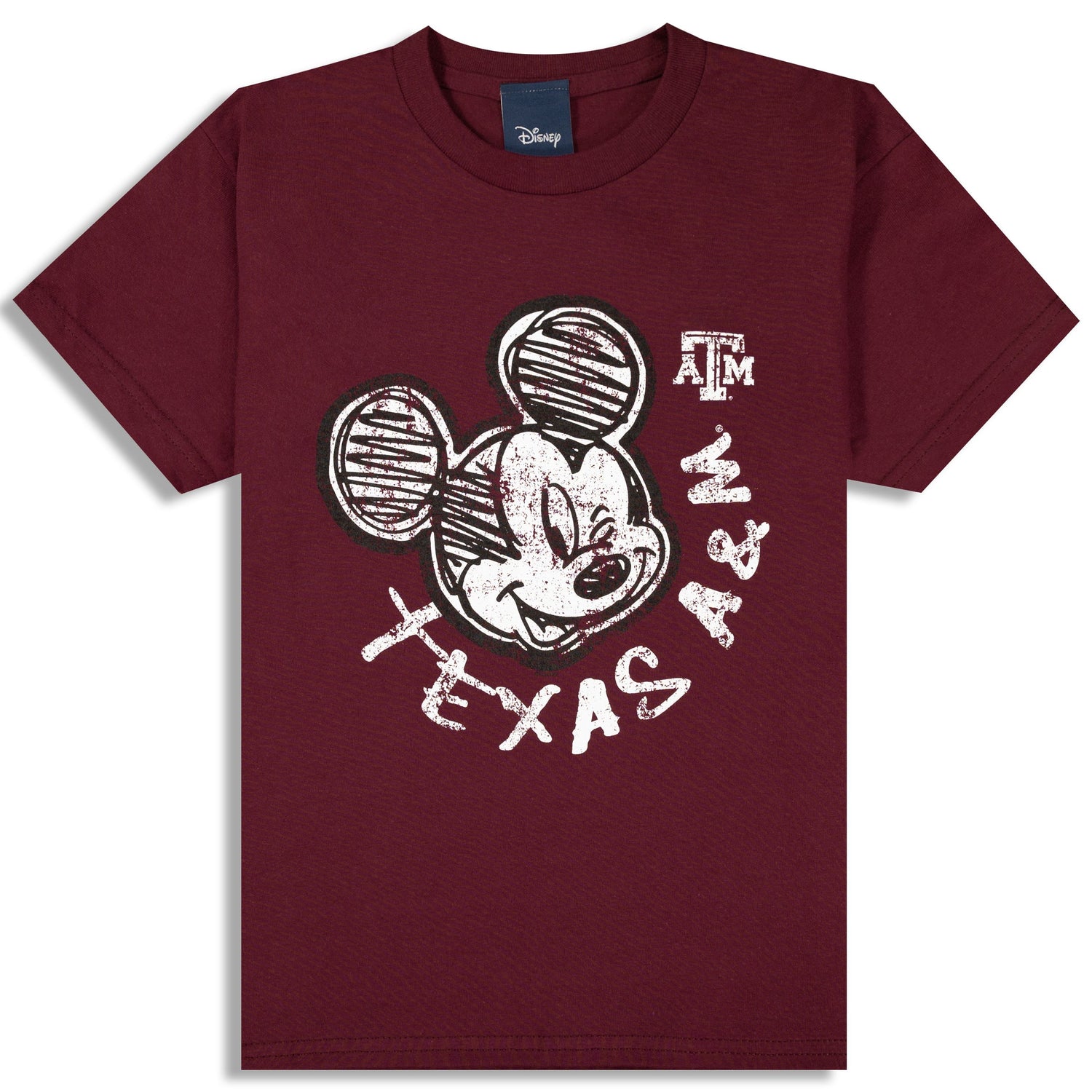 Maroon t-shirt with scribbled Mickey with "TEXAS A&M" in white.