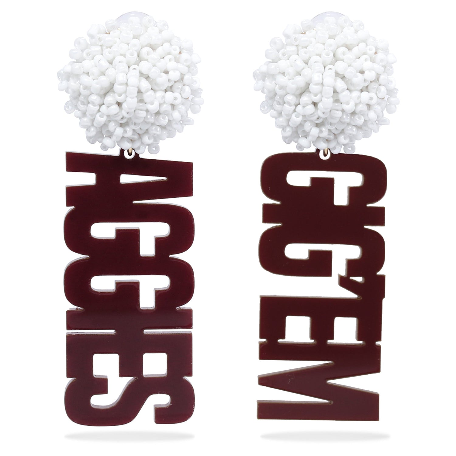 Texas A&M Acrylic Gig 'Em Aggies White Bead Earrings