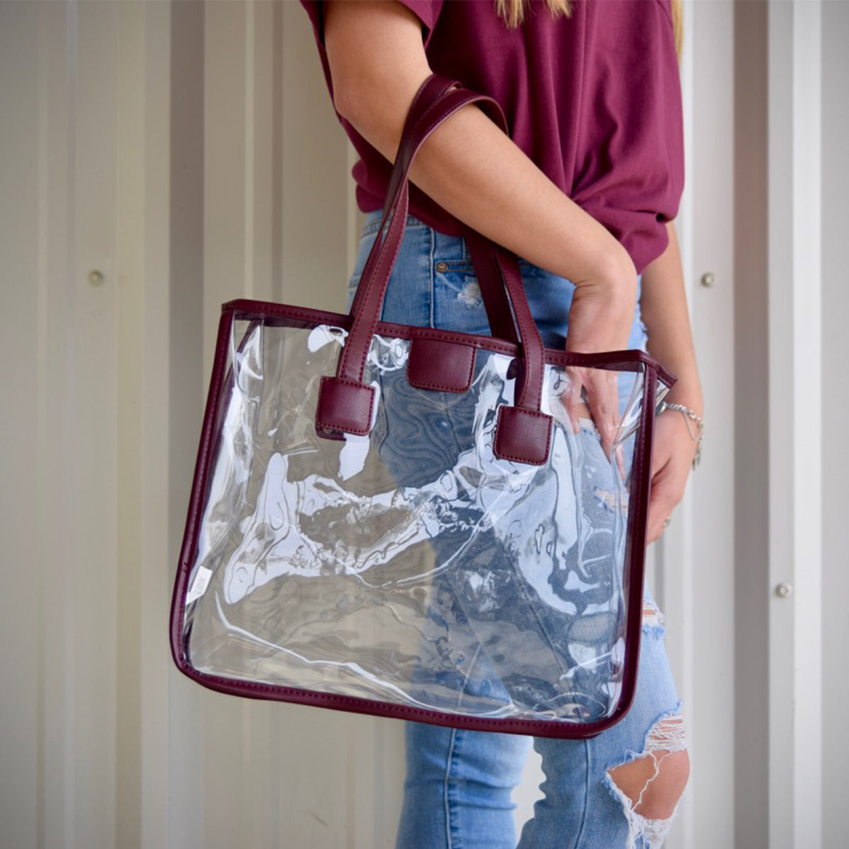 Maroon Leather Strap Clear Tote