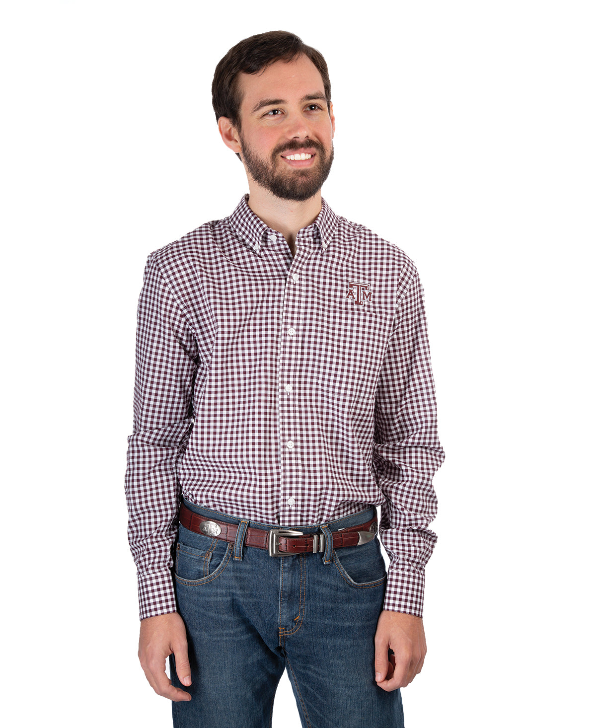 Texas A&M Cutter & Buck Long Sleeve Gingham Button Down