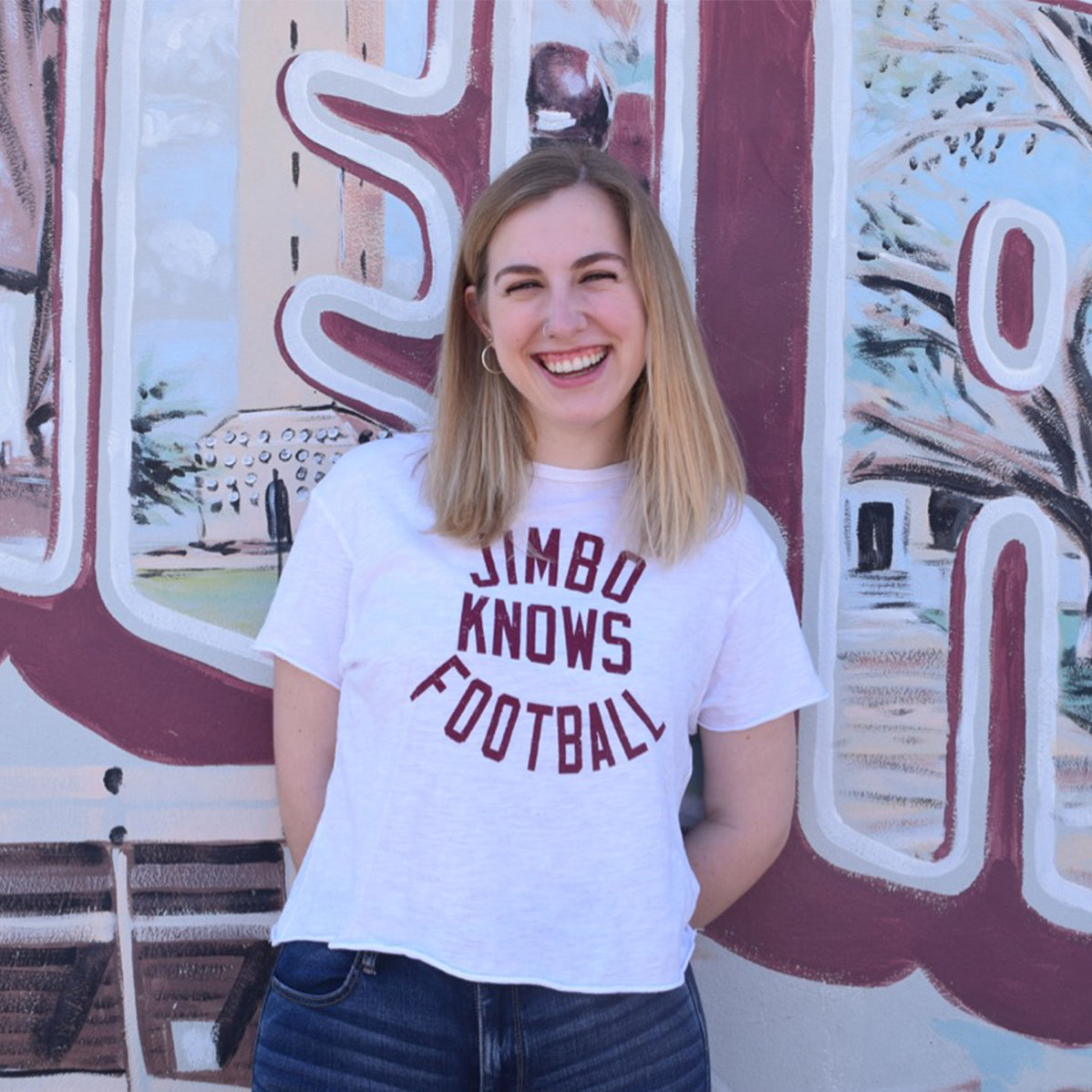 Jimbo Knows Football Women`s Crop with Raw Edge Crop Tee