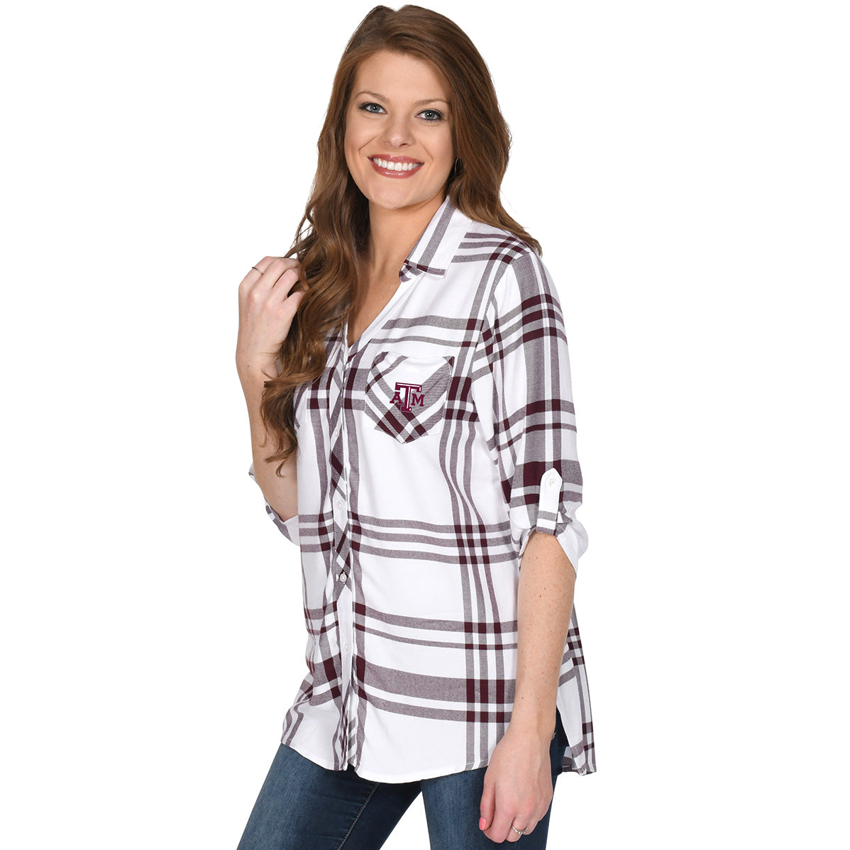 Texas A&M Women's Satin Weave Plaid Button Down