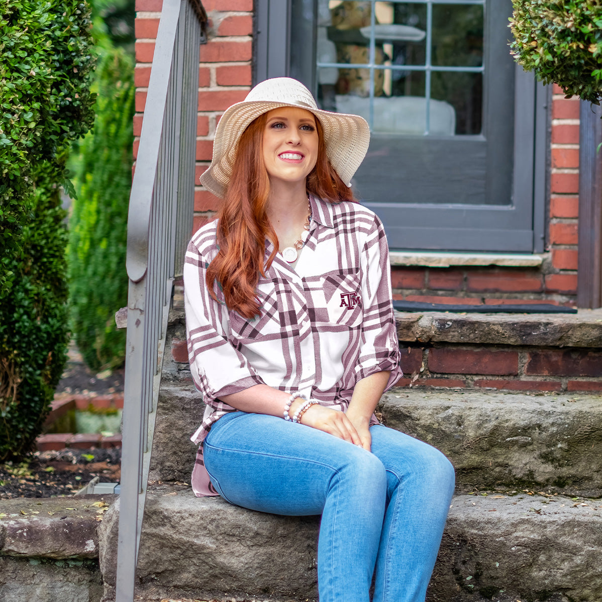 Texas A&M Women's Satin Weave Plaid Button Down