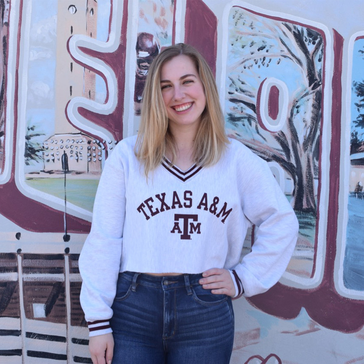 Texas A&M Champion Reverse Weave Cropped V-Neck