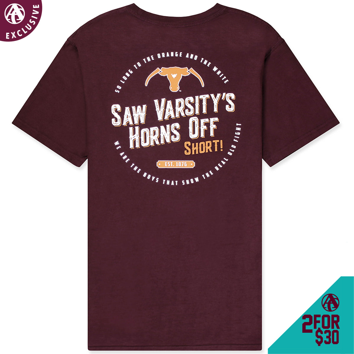 Saw Varsity's Horns Off Short Maroon T-Shirt