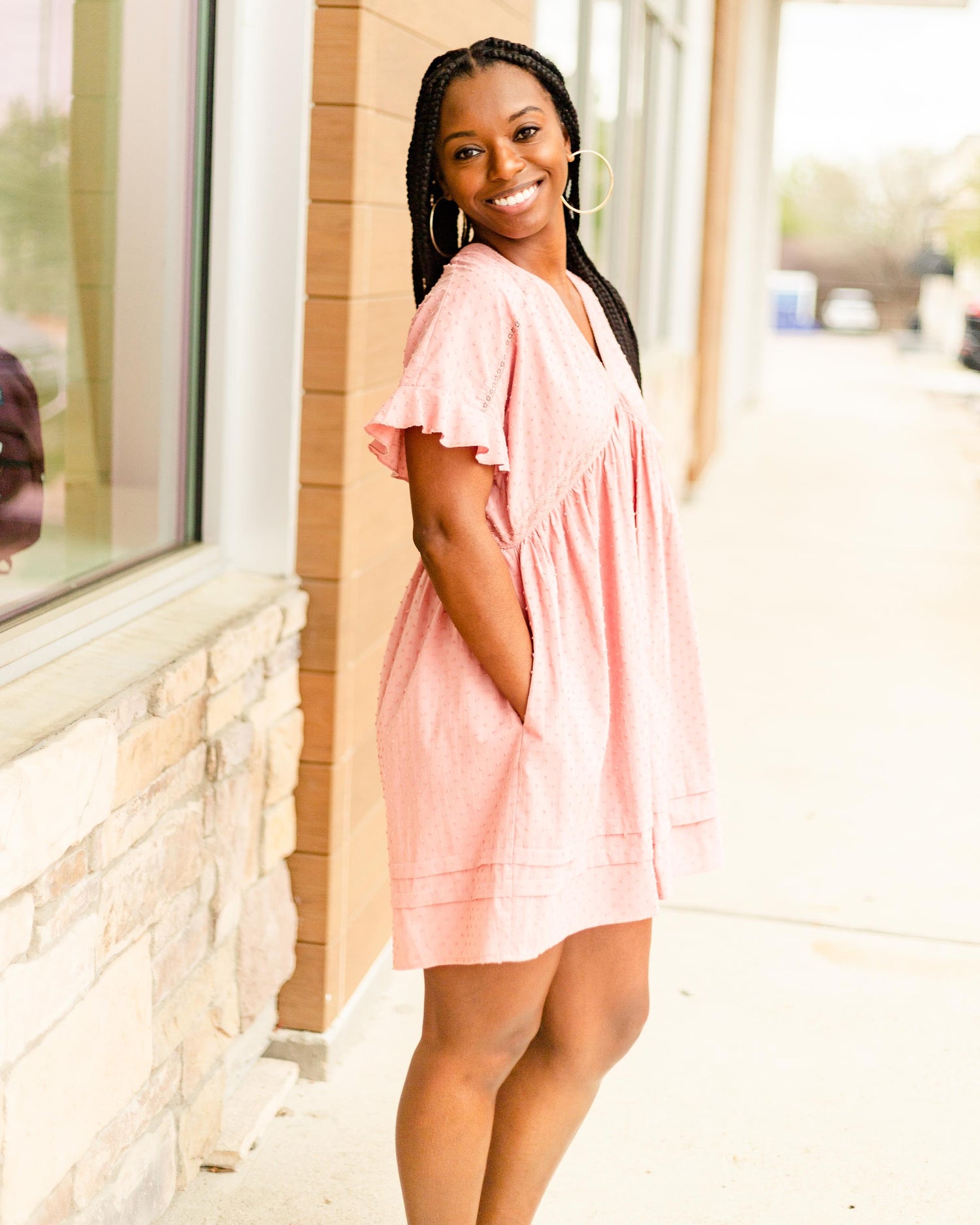Pink V Neck Open Back Dress