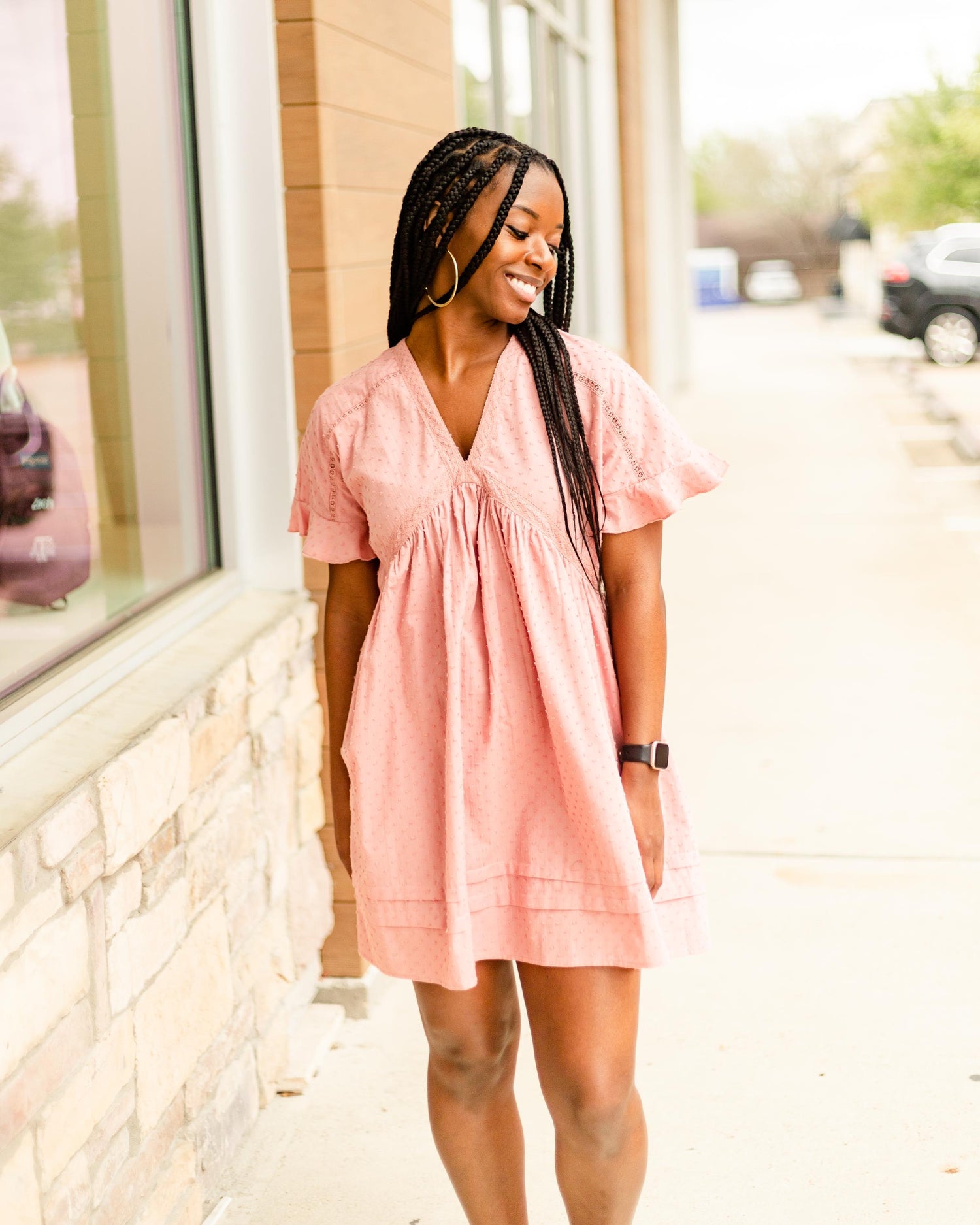Pink V Neck Open Back Dress