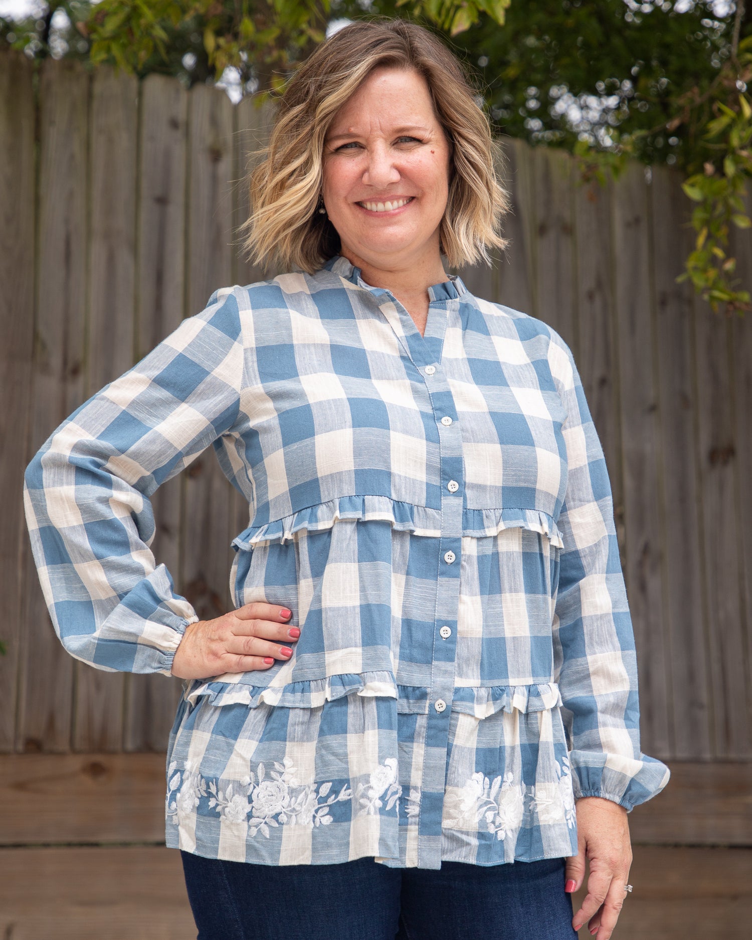 Blue Gingham Everly Long Sleeve Top
