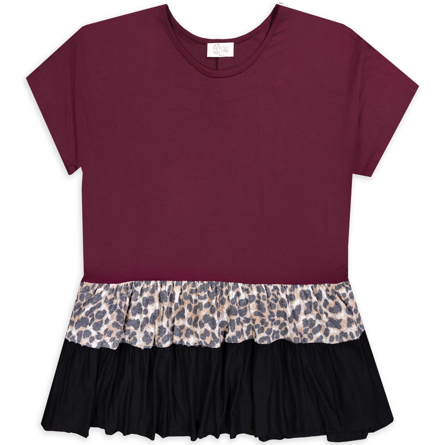 Maroon & Leopard Print Color Block Tiered Top