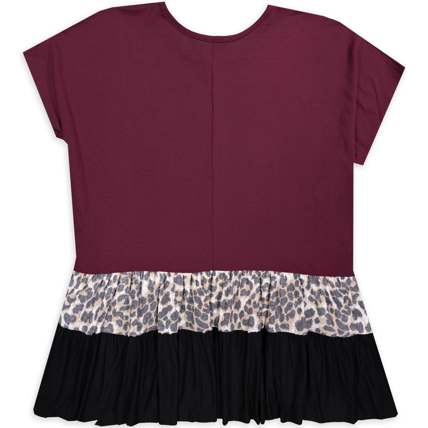 Maroon & Leopard Print Color Block Tiered Top
