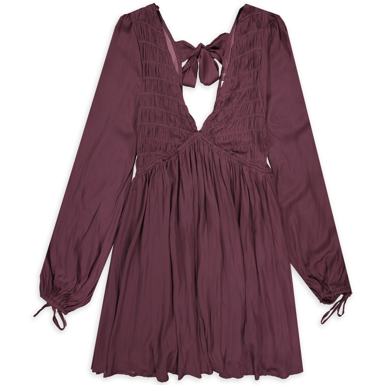 Deep Maroon V-Neck Ruched Long Sleeve Dress