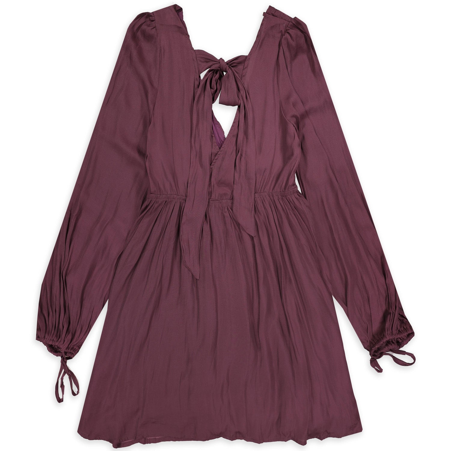 Deep Maroon V-Neck Ruched Long Sleeve Dress