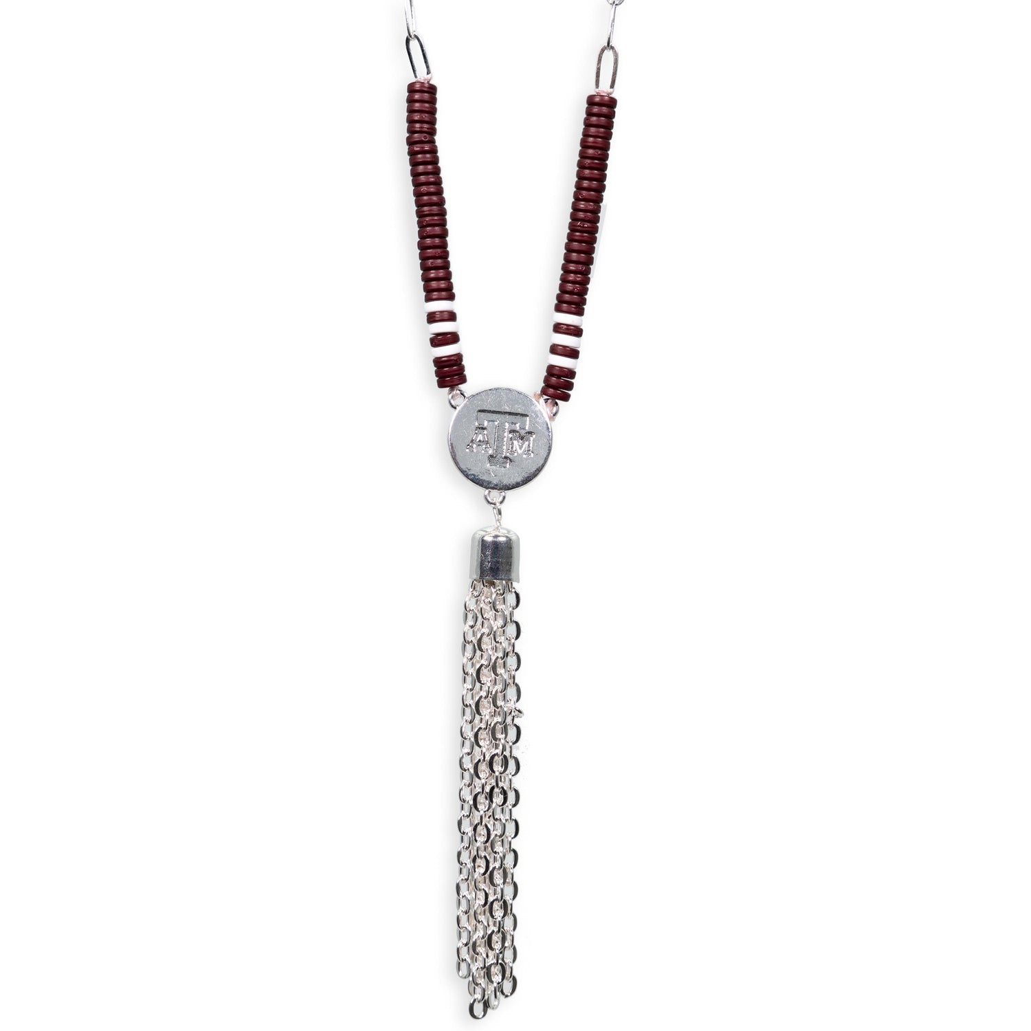 Texas A&M Maroon And White Beaded Silver Tassel Necklace