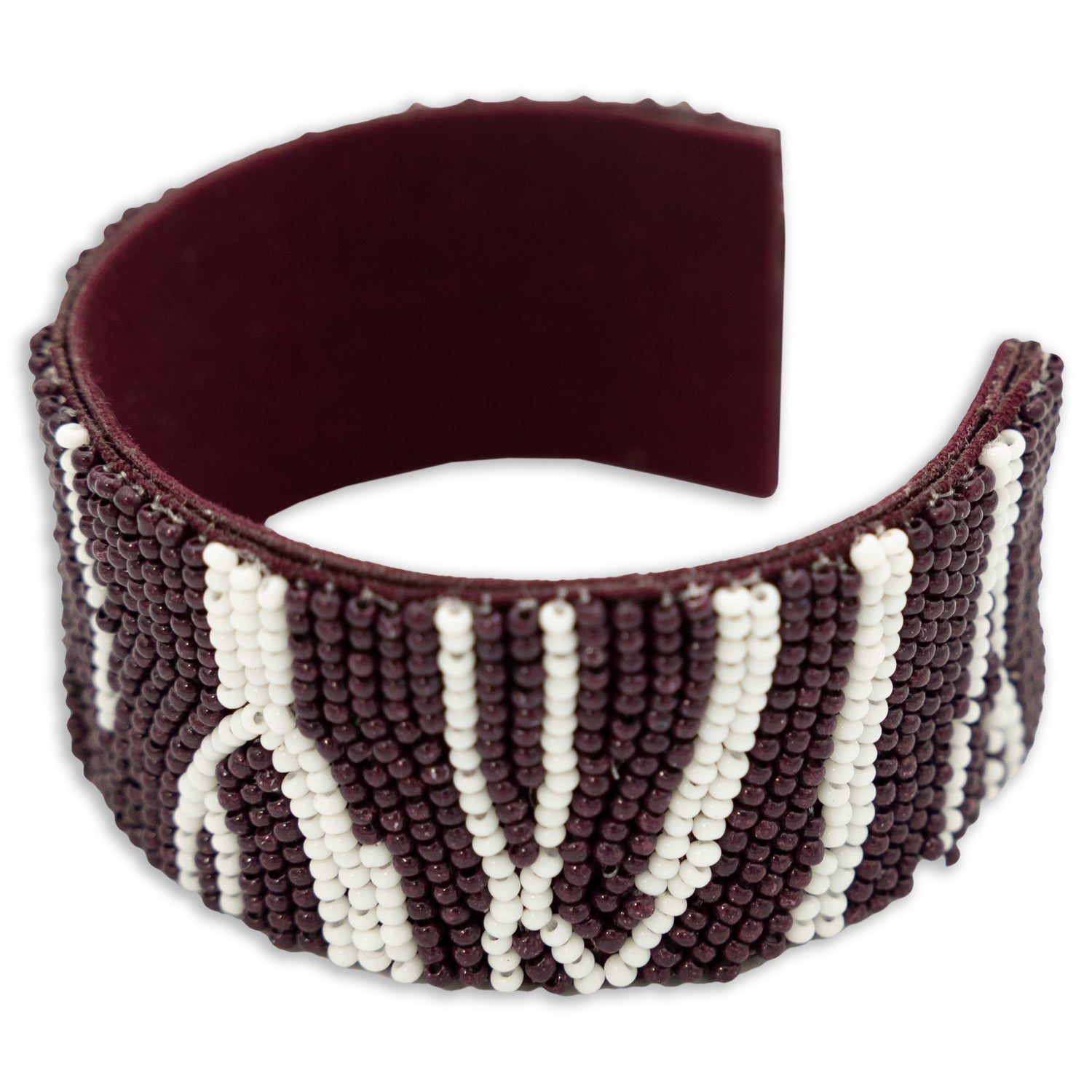 Maroon And White Beaded Zebra Cuff