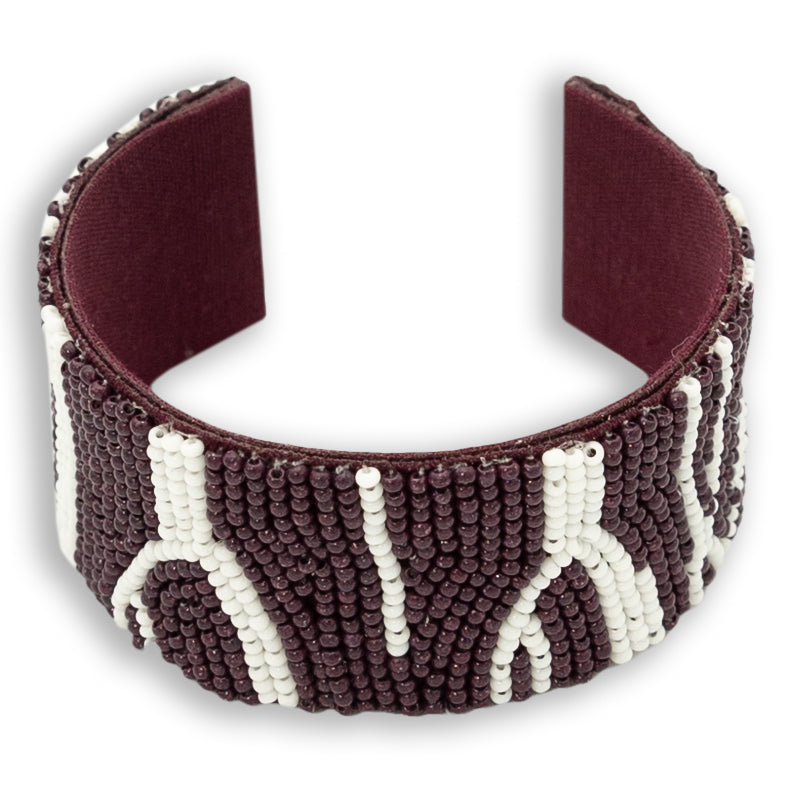 Maroon And White Beaded Zebra Cuff